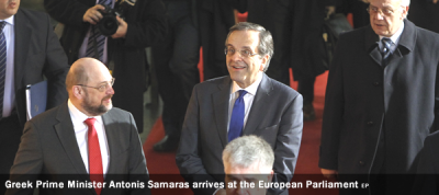 Greek Prime Minister Antonis Samaras arrives at the European Parliament